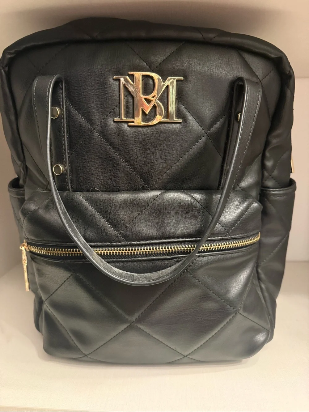 Badgley Mischka Quilted Black Women’s Backpack with Gold Logo Accent